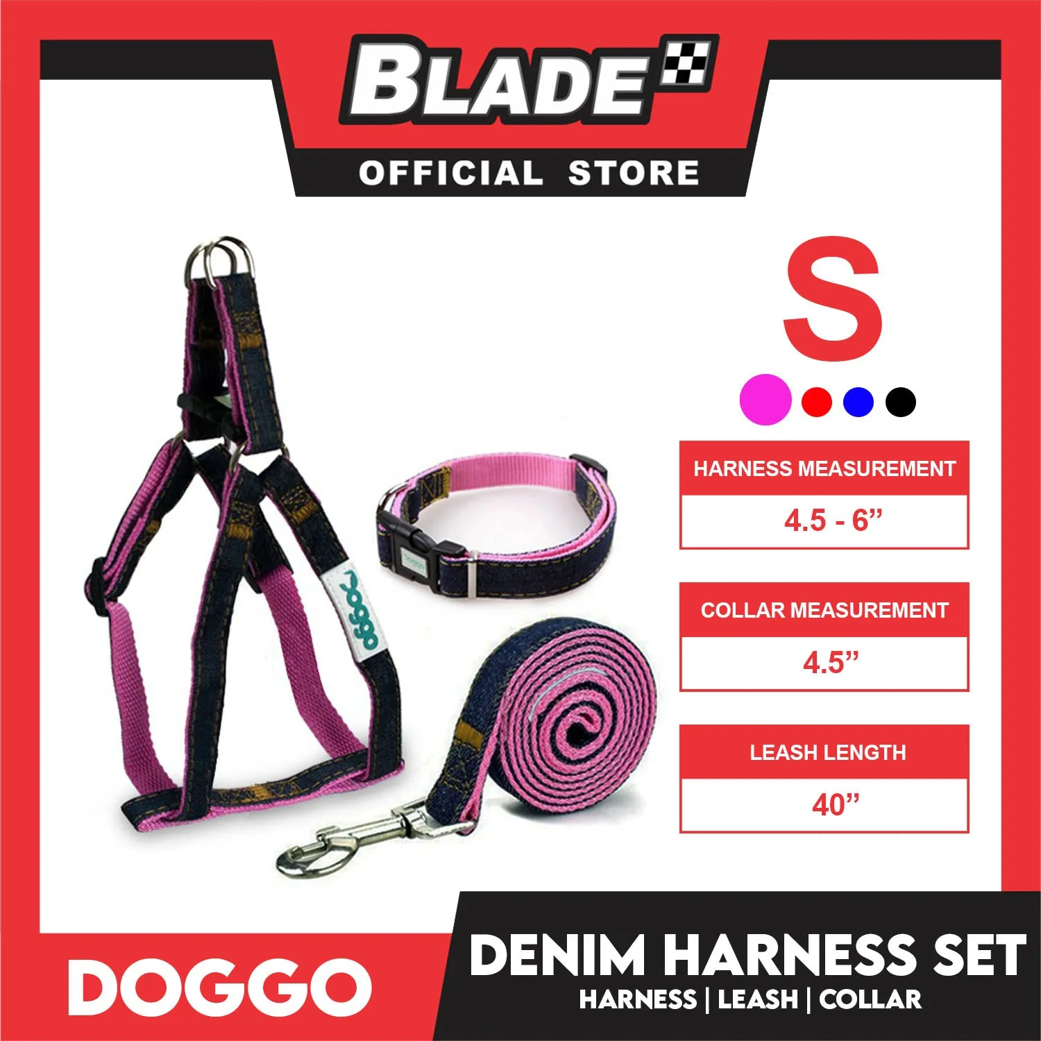 Doggo Strong Harness Set Denim Design Small (Red) Harness, Leash and Collar for Your Dog
