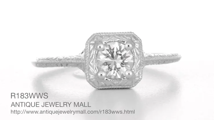 Filigree Scrolls Engraved White Sapphire Engagement Ring in 14 Karat White Gold