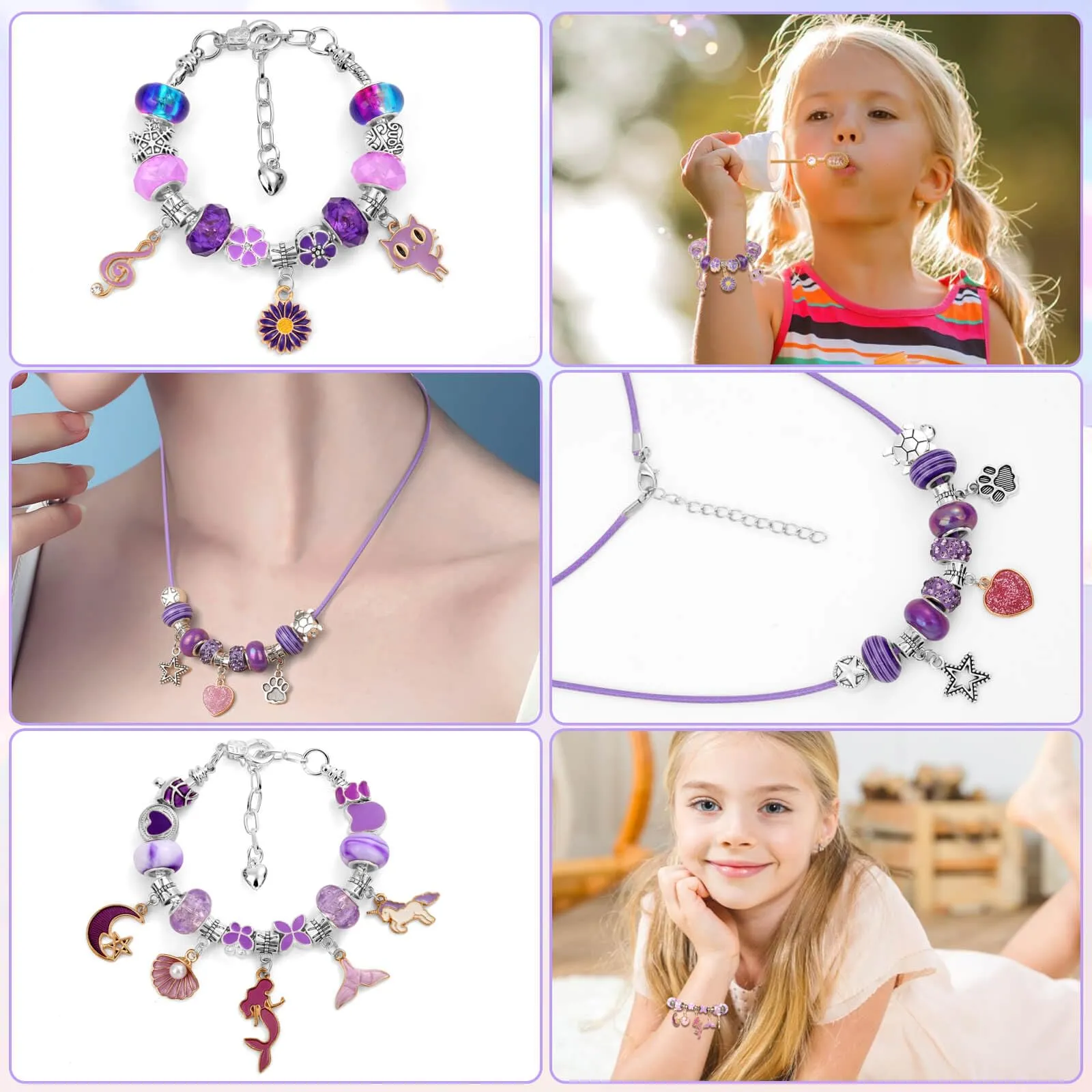 Flasoo DIY Charm Bracelet Making Kit for Girls, Jewelry Making Kit with Unicorn Mermaid Purple Stuff Craft Gift for Birthday, Christmas, New Year