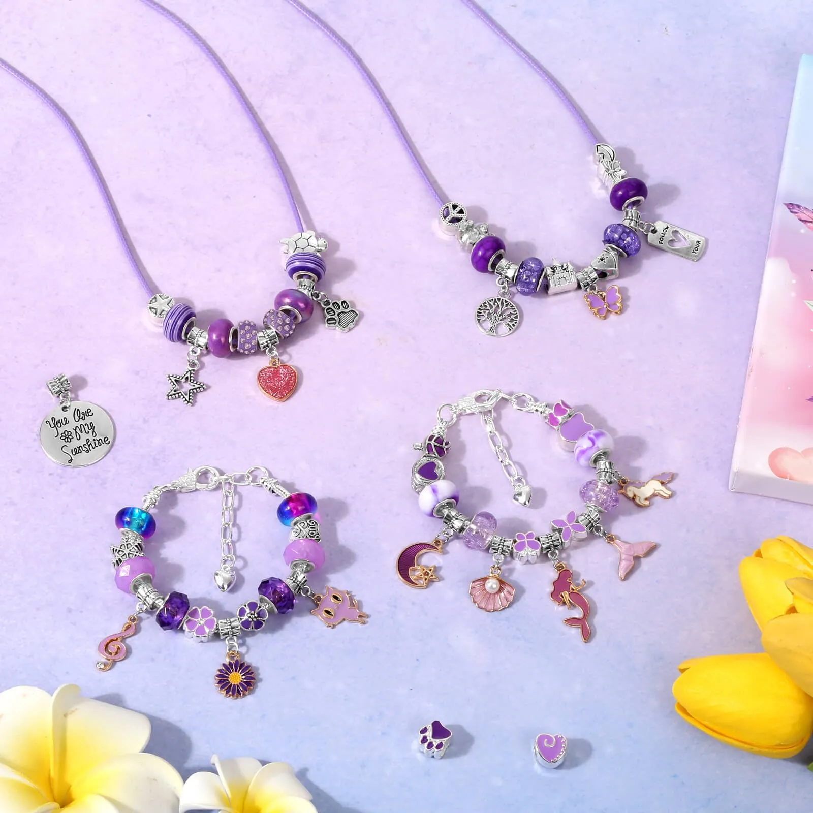 Flasoo DIY Charm Bracelet Making Kit for Girls, Jewelry Making Kit with Unicorn Mermaid Purple Stuff Craft Gift for Birthday, Christmas, New Year