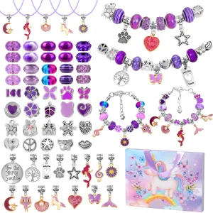 Flasoo DIY Charm Bracelet Making Kit for Girls, Jewelry Making Kit with Unicorn Mermaid Purple Stuff Craft Gift for Birthday, Christmas, New Year