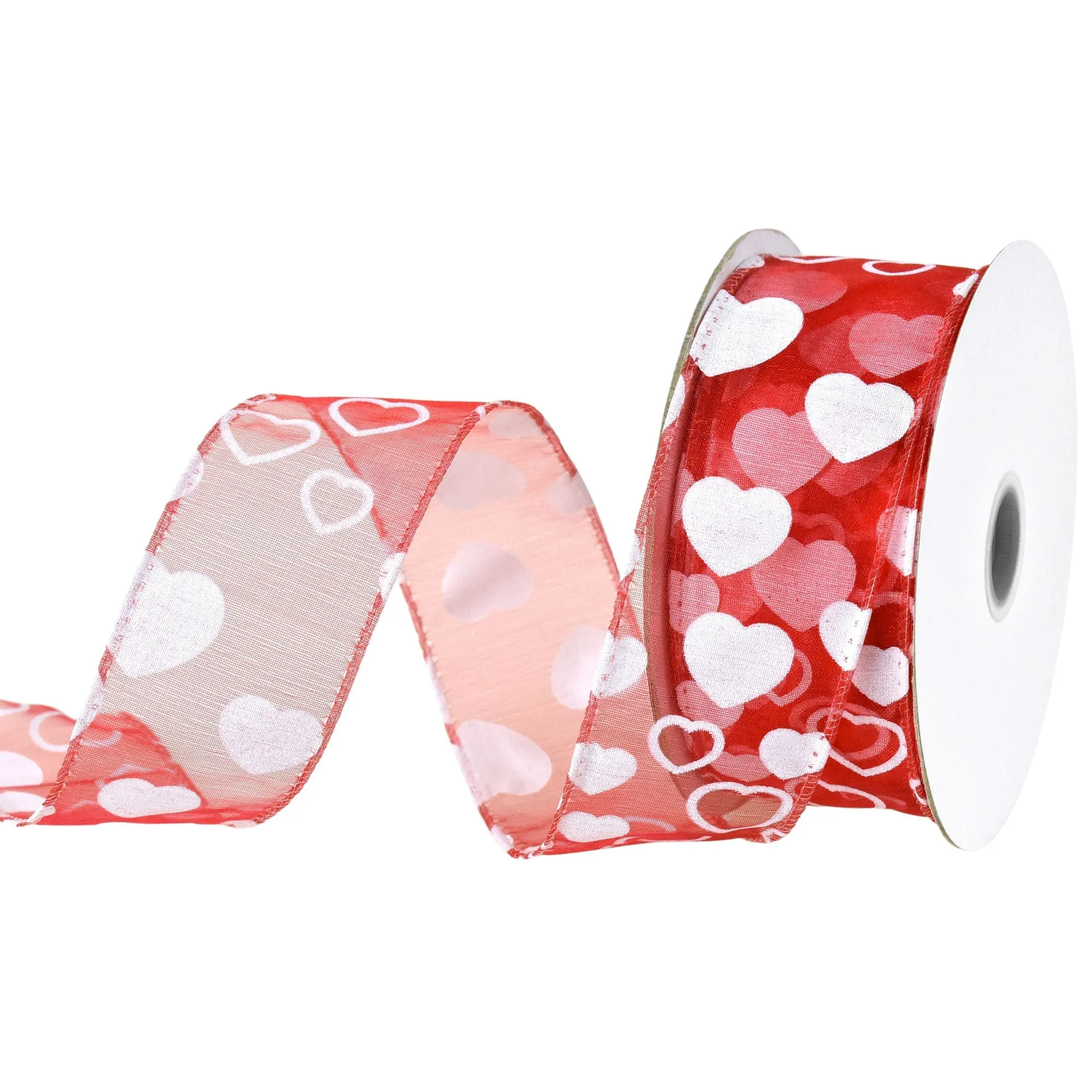 Flocked Heart Organza Ribbon Wired Edge, 1-1/2-inch, 25-yard