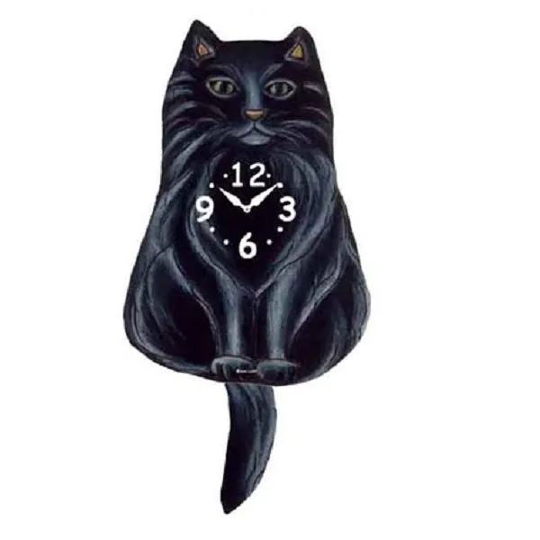 Fluffy Black Cat Wagging Pendulum Clock