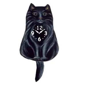 Fluffy Black Cat Wagging Pendulum Clock