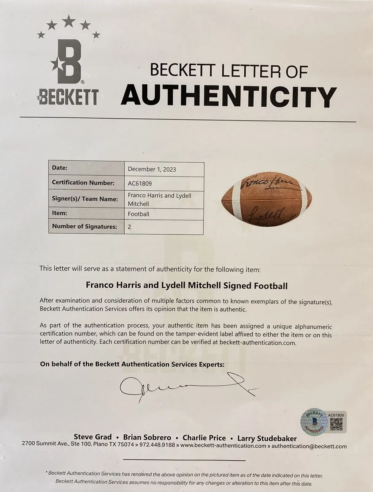 Franco Harris Lydell Mitchell Penn State Signed Sysco Football BAS LOA