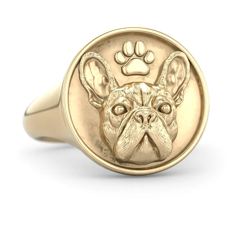 French Bulldog Classic Round with Paw Print Signet Ring