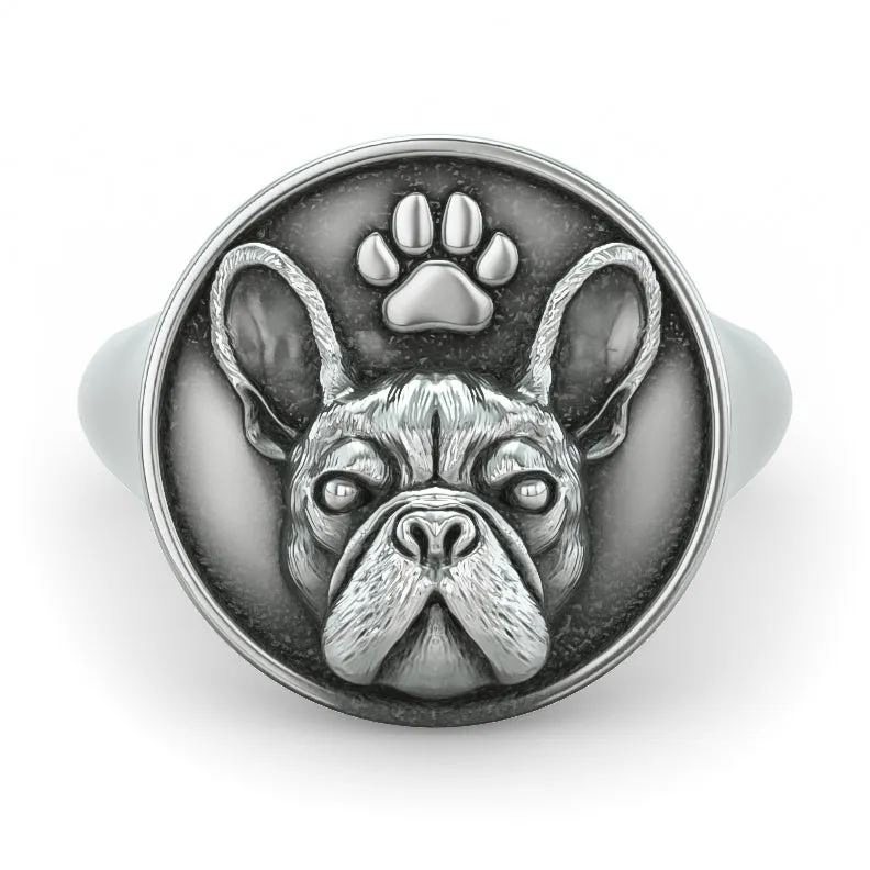 French Bulldog Classic Round with Paw Print Signet Ring