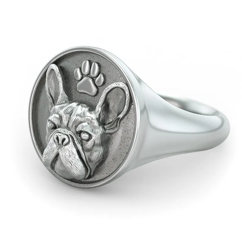 French Bulldog Classic Round with Paw Print Signet Ring