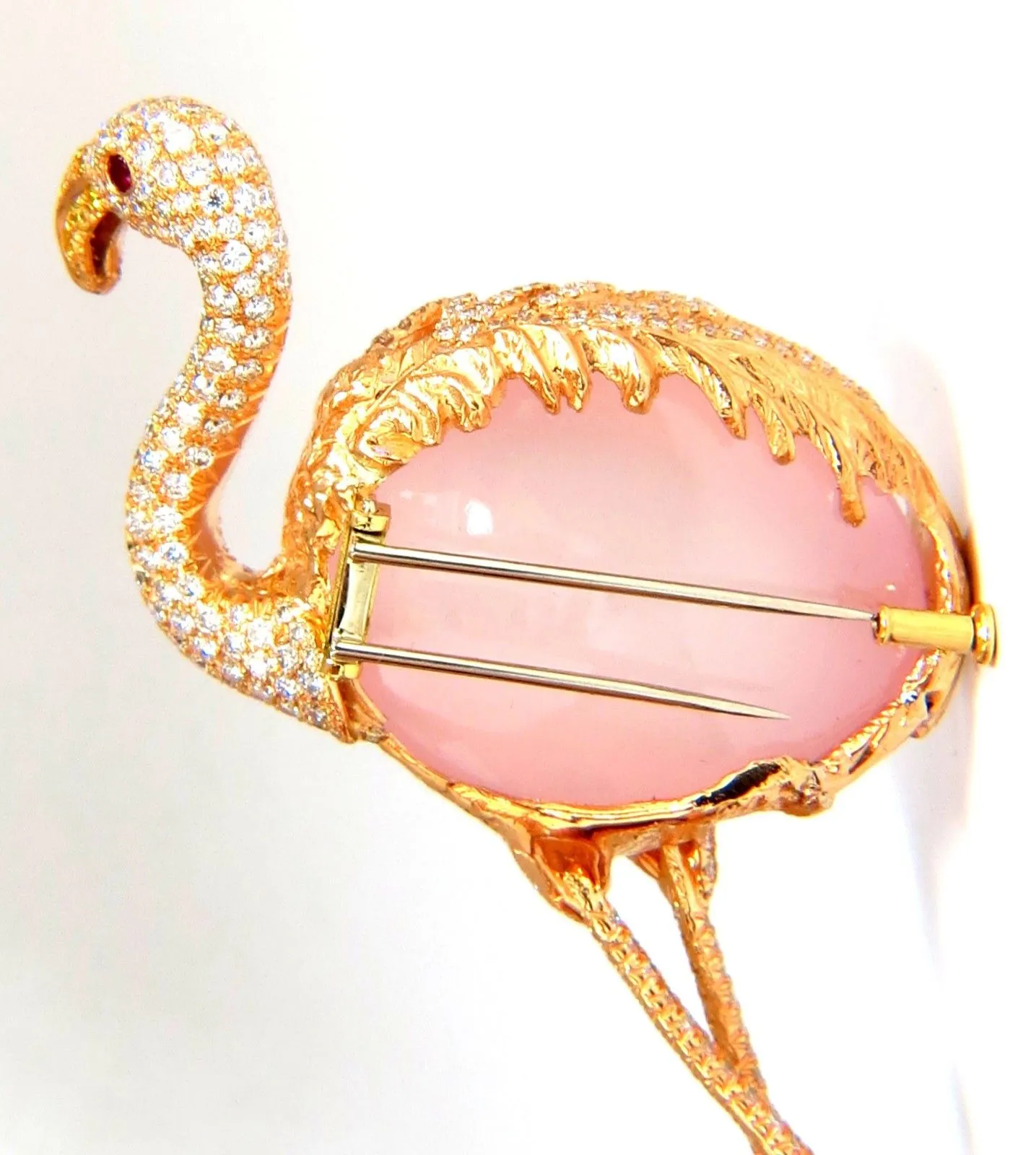 GIA 178ct Natural Rose Quartz Artisan Sexy Flamingo Brooch pin 18kt