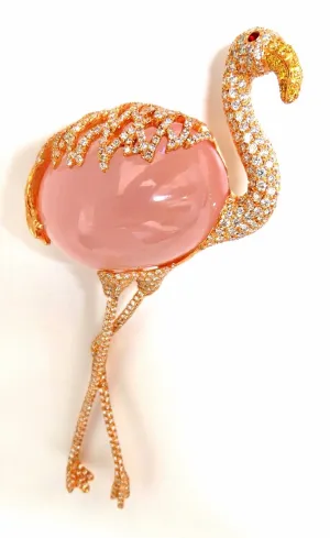 GIA 178ct Natural Rose Quartz Artisan Sexy Flamingo Brooch pin 18kt
