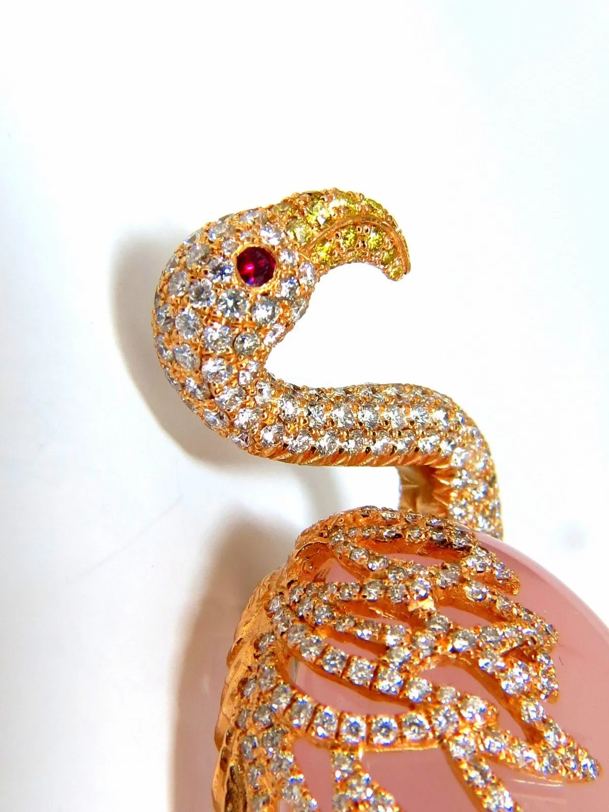 GIA 178ct Natural Rose Quartz Artisan Sexy Flamingo Brooch pin 18kt