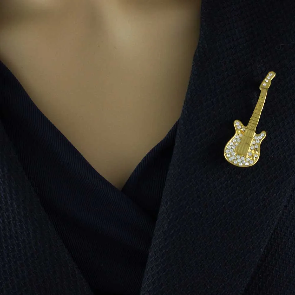 Gold-plated and Clear Crystal Guitar Brooch Pin - PRM349
