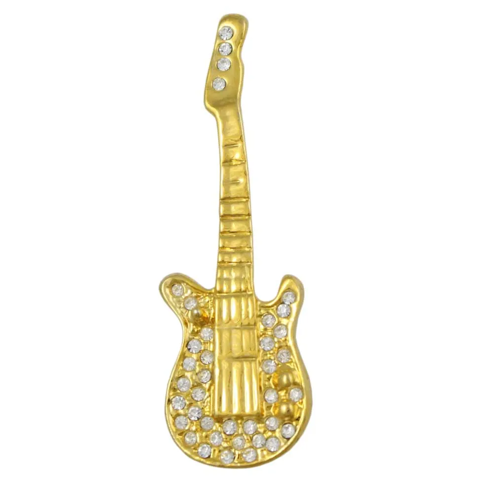 Gold-plated and Clear Crystal Guitar Brooch Pin - PRM349