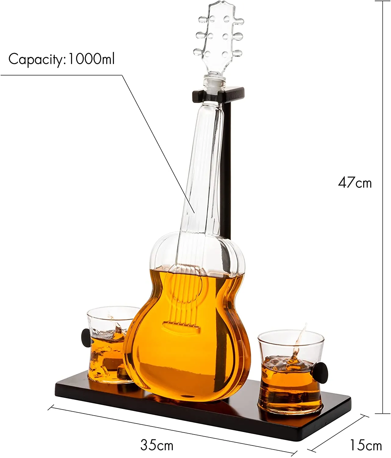 Guitar Whiskey Decanter, Mahogany Base - 1000 ML Glass Decanter 14" H For Whiskey, Scotch, Spirits, Wine Or Vodka For Music Lovers and Guitar Players