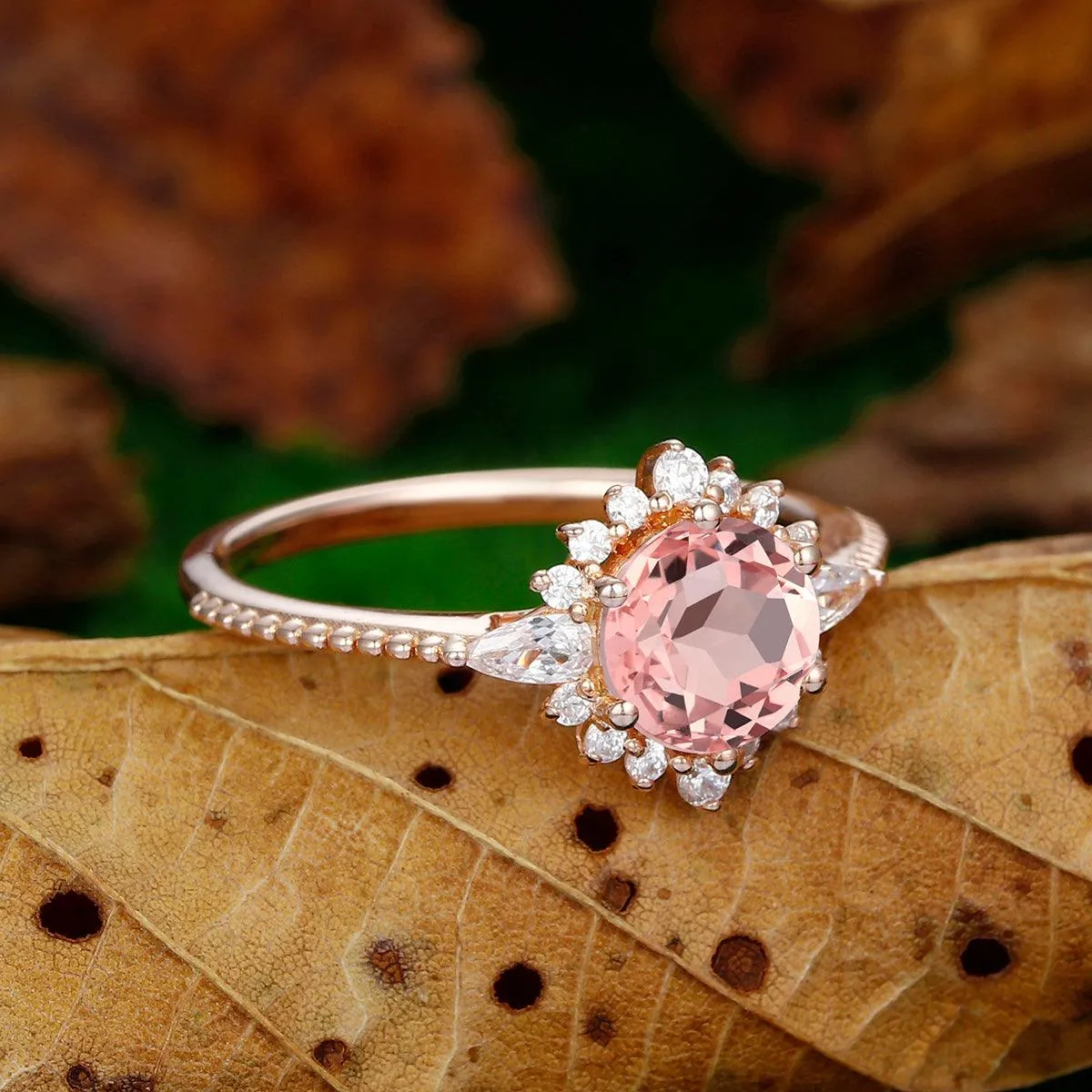 Halo Round Cut Natural Pink Morganite 14k Gold Engagement Ring