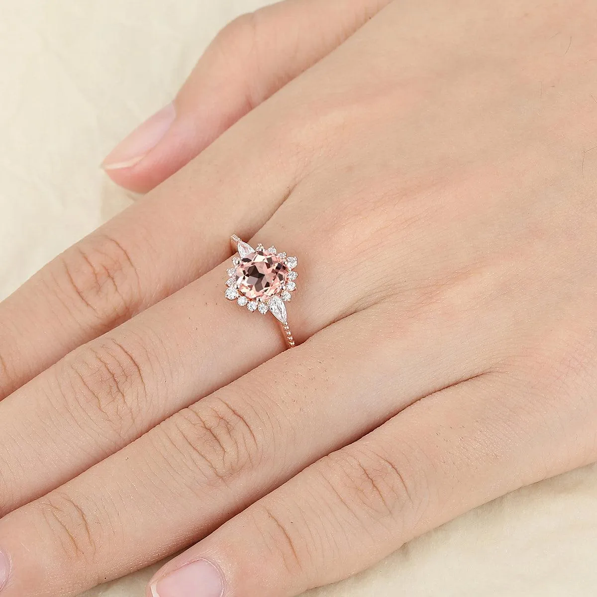 Halo Round Cut Natural Pink Morganite 14k Gold Engagement Ring