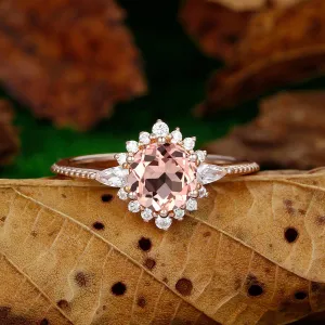 Halo Round Cut Natural Pink Morganite 14k Gold Engagement Ring
