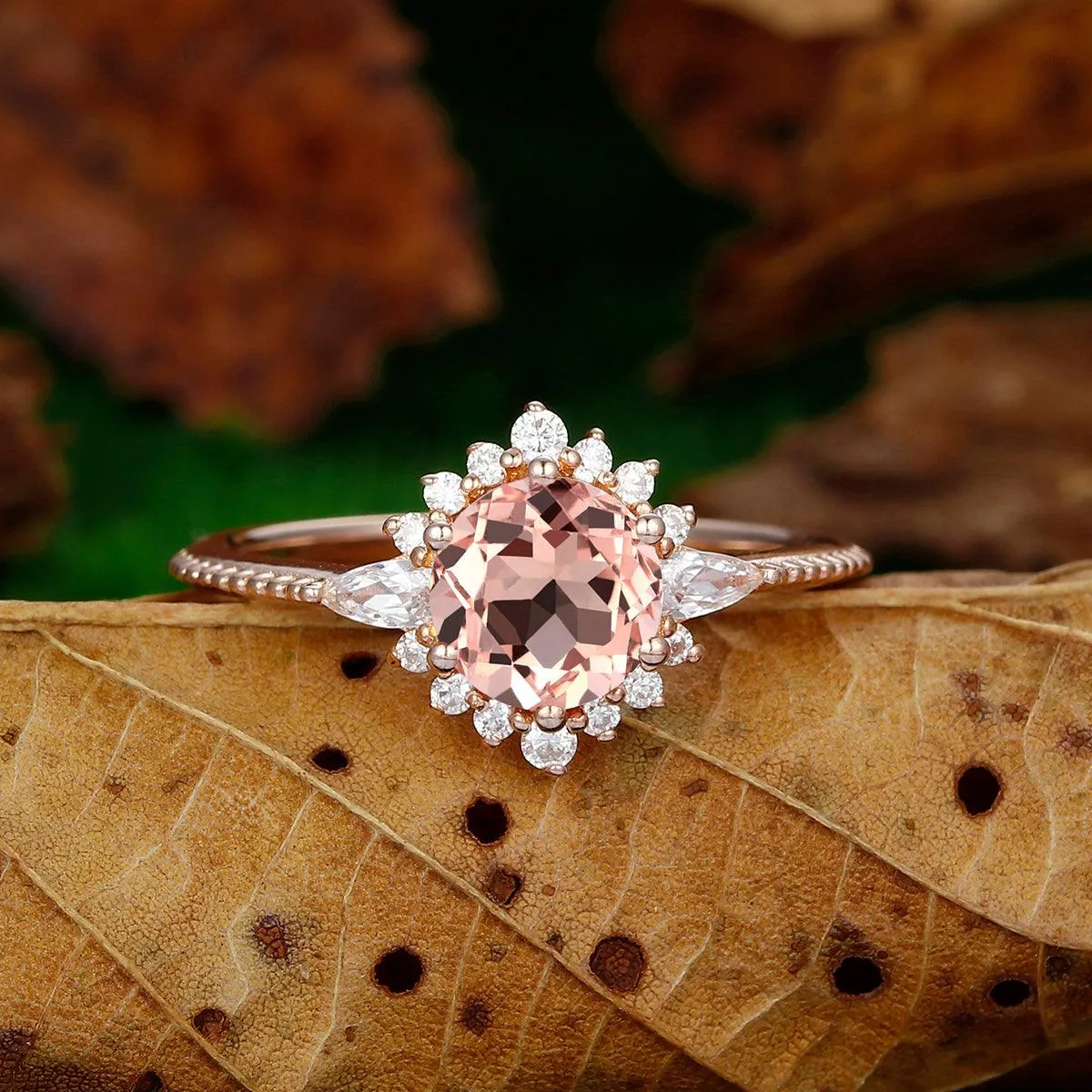 Halo Round Cut Natural Pink Morganite 14k Gold Engagement Ring