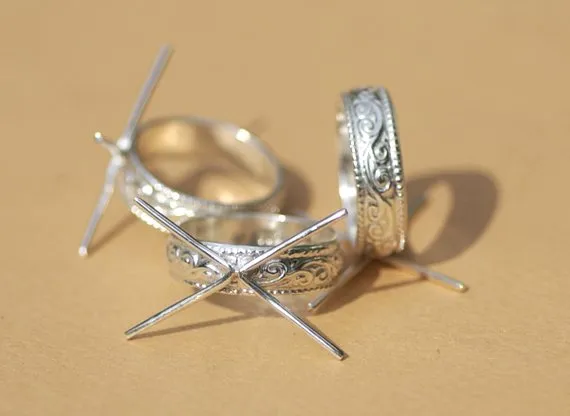 Handmade Claw Ring 100% Sterling Silver For Stone Setting, 4 Round prongs, Vine Textured Shank