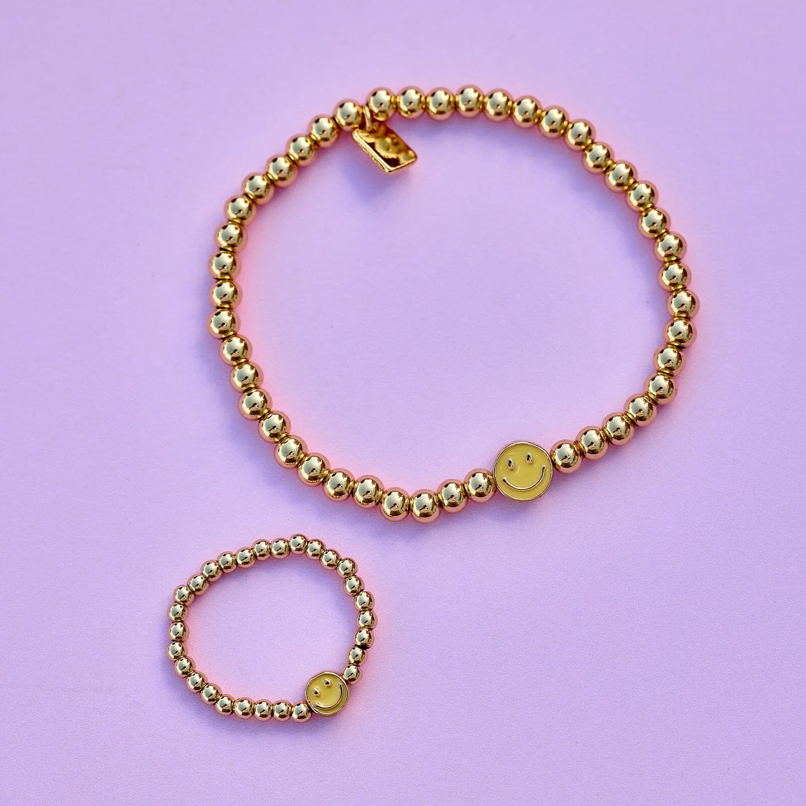 Happy Face Gold Bead Stretch Ring