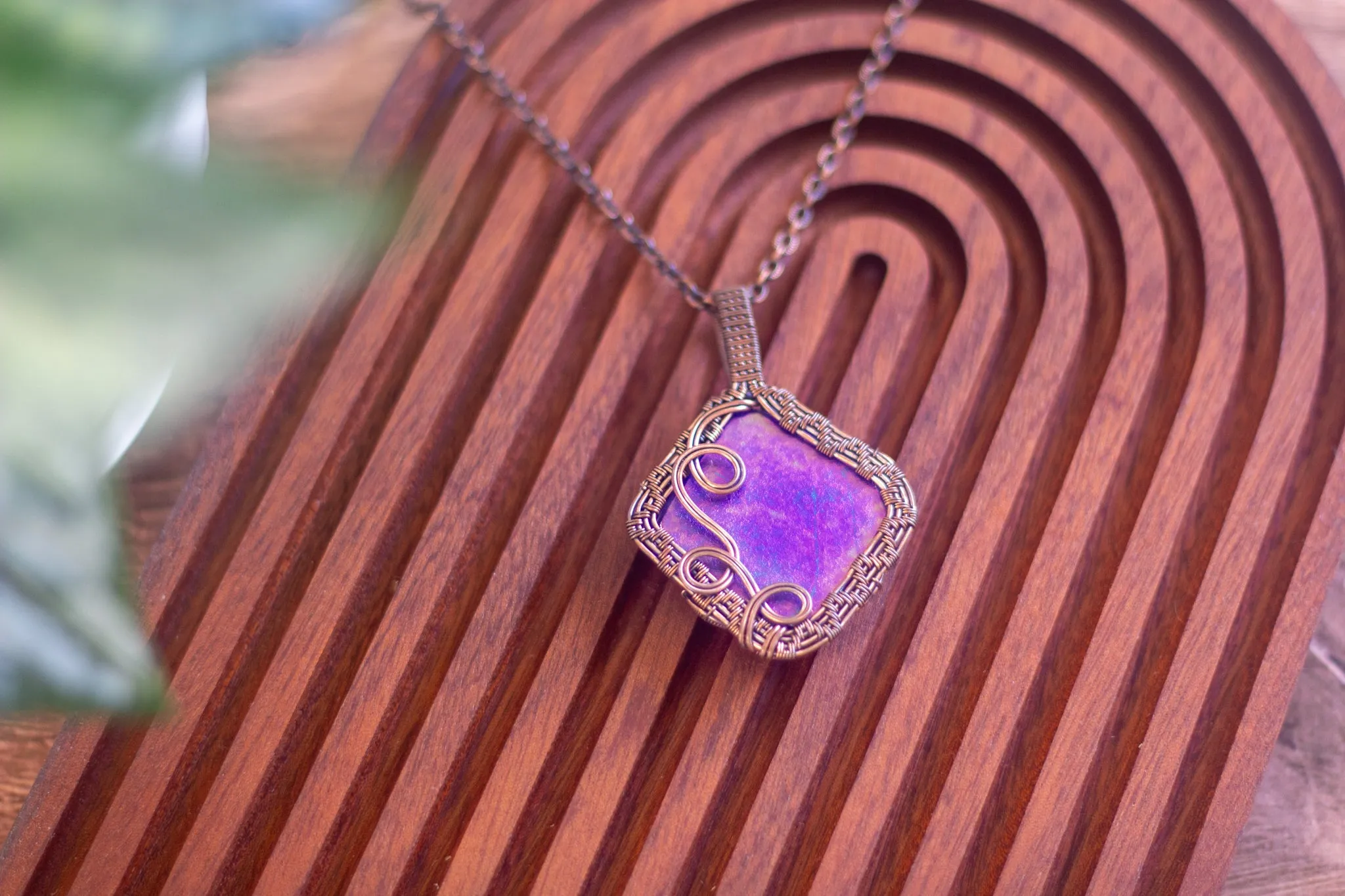 Iridescent Blue Fused Glass Double Sided Pendant with Copper Wire Wrapping