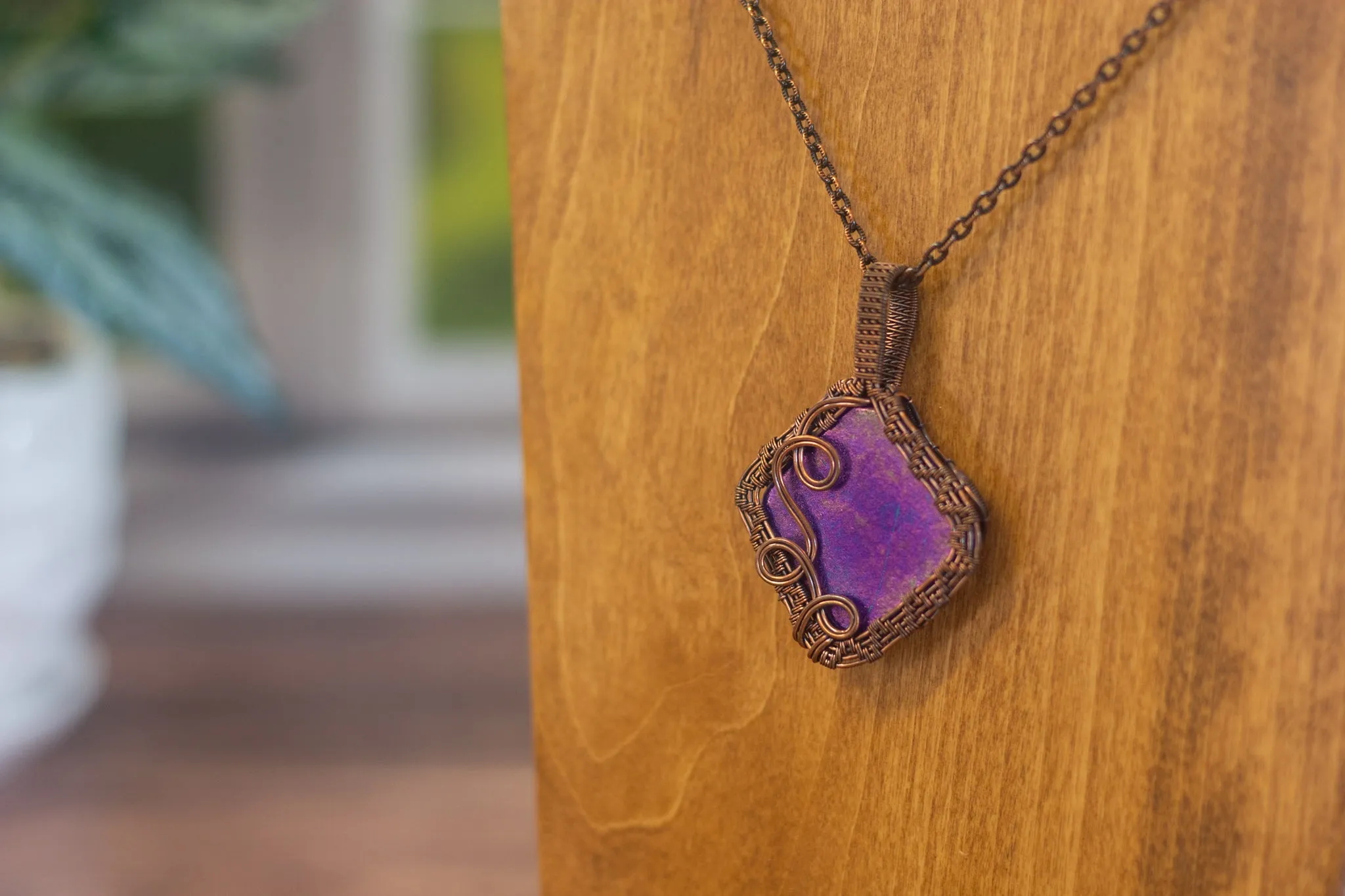 Iridescent Blue Fused Glass Double Sided Pendant with Copper Wire Wrapping