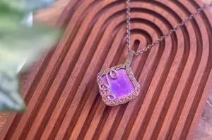 Iridescent Blue Fused Glass Double Sided Pendant with Copper Wire Wrapping