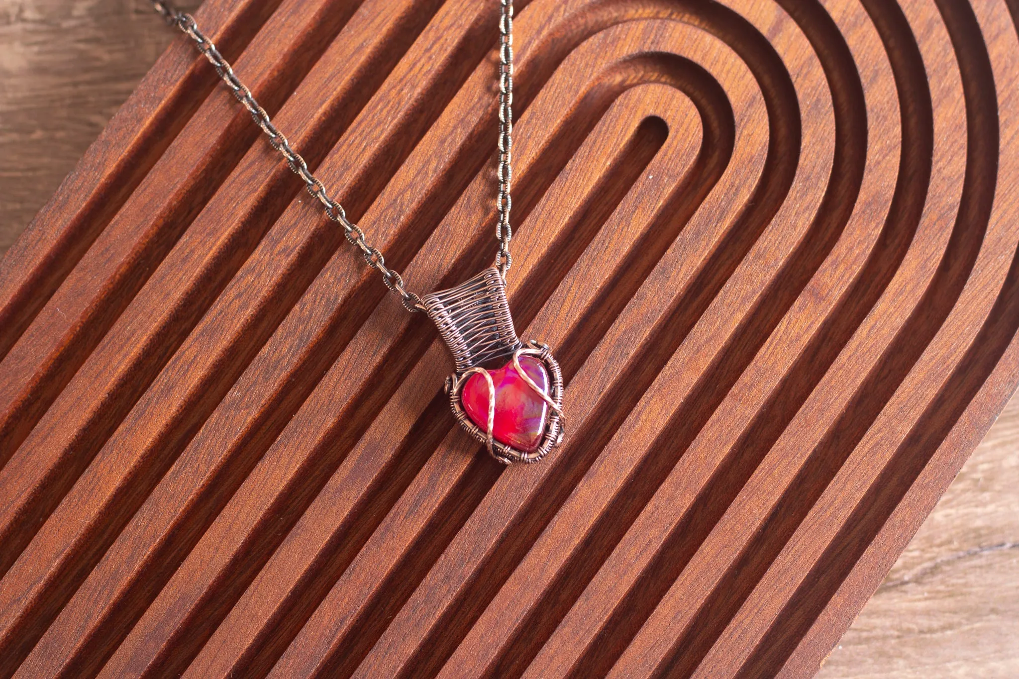 Iridescent Red Fused Glass Heart Pendant with Copper Wire Wrapping