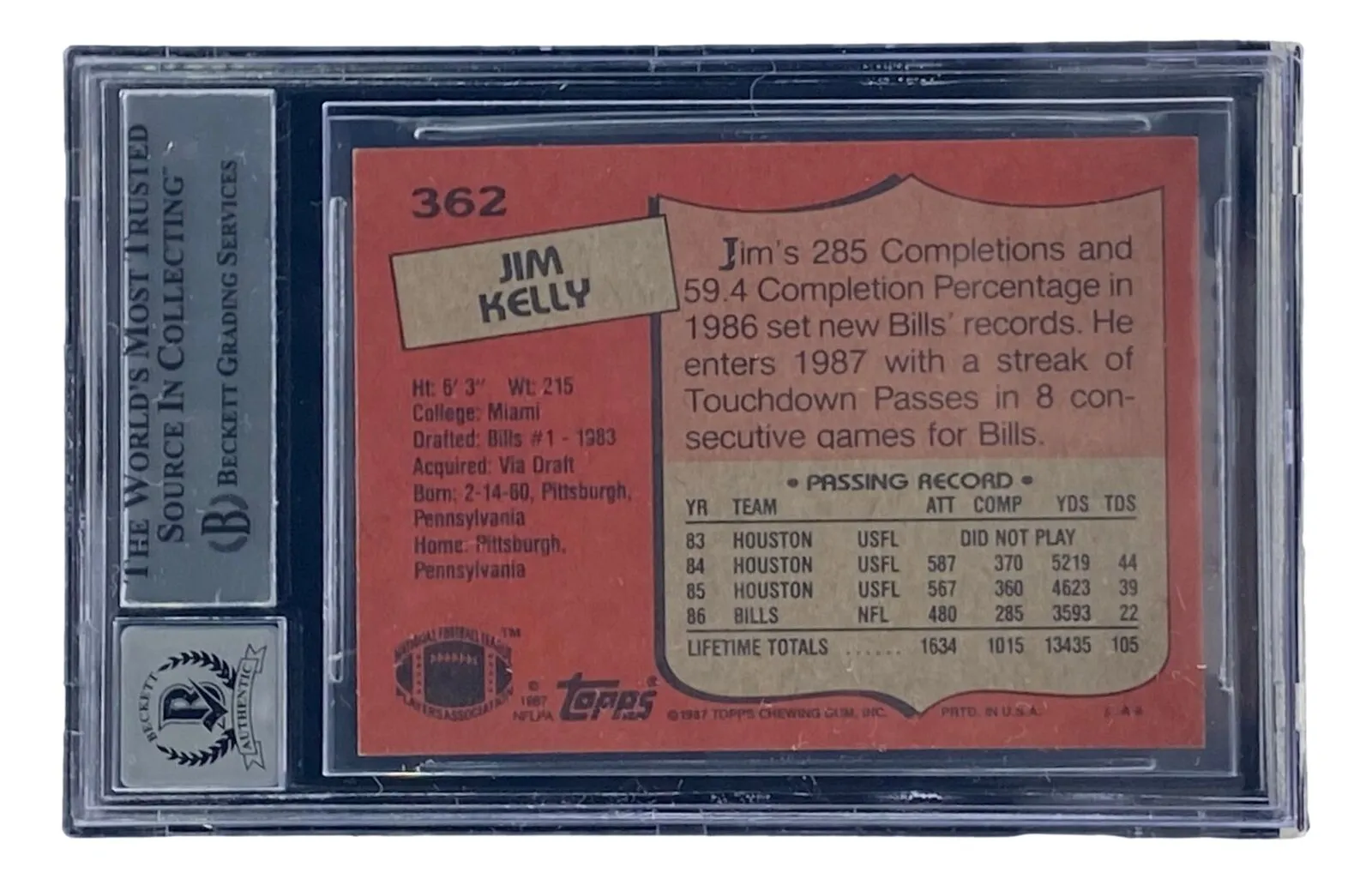 Jim Kelly Signed 1987 Topps #362 Buffalo Bills Rookie Football Card BAS Grade 10