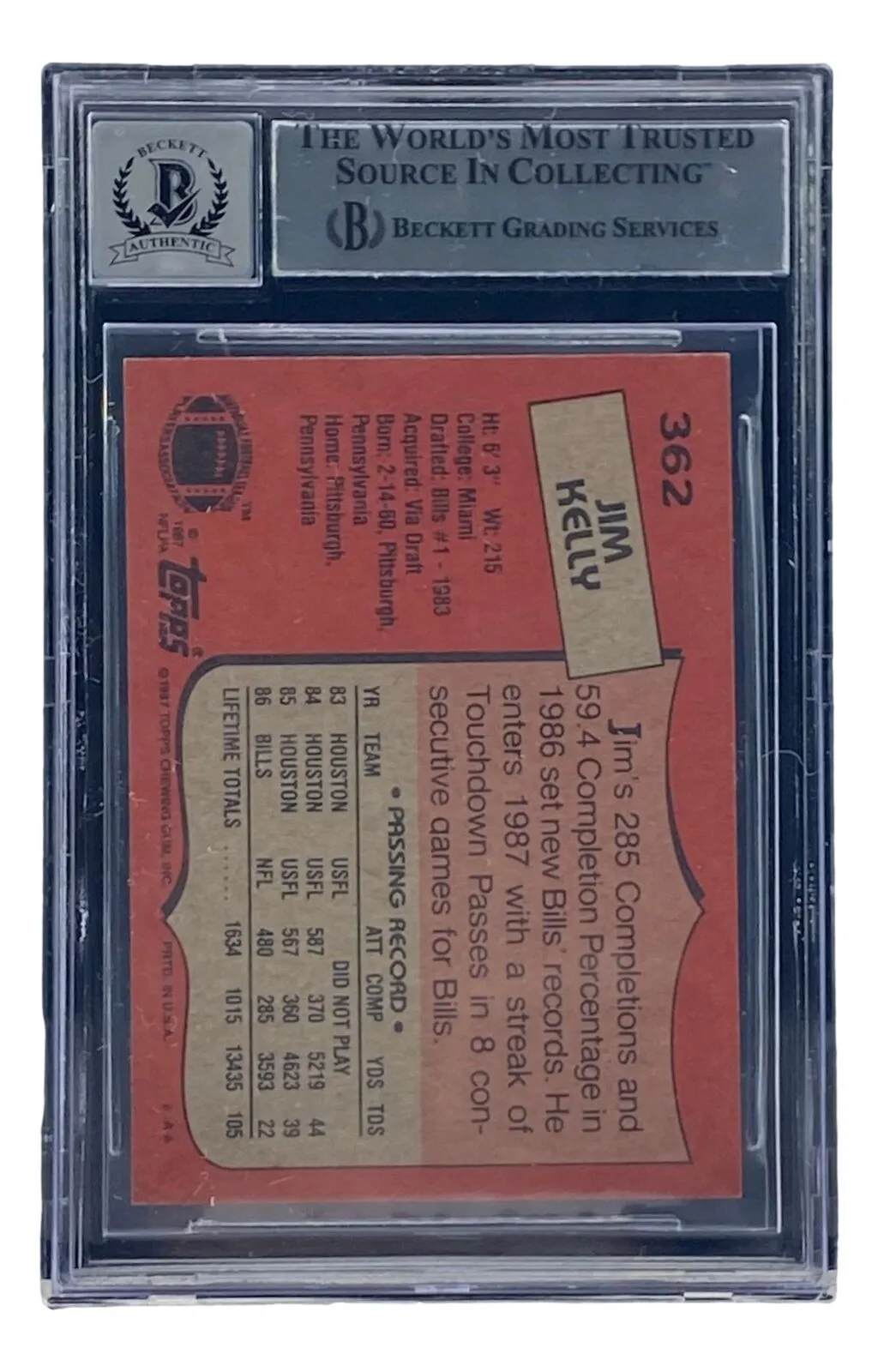Jim Kelly Signed 1987 Topps #362 Buffalo Bills Rookie Football Card BAS Grade 10