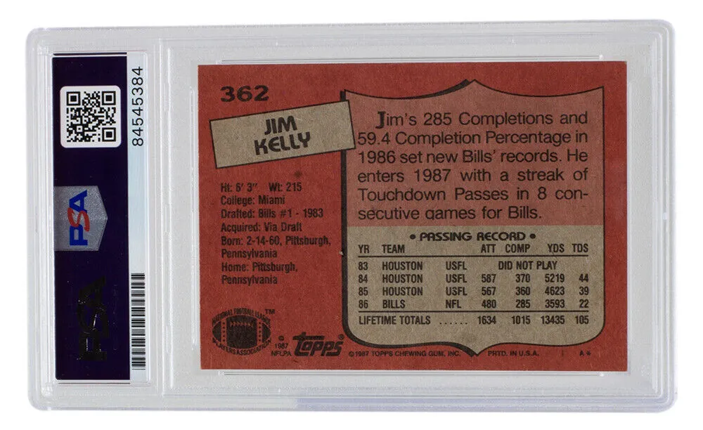 Jim Kelly Signed 1987 Topps #362 Rookie Bills Football Card PSA/DNA Auto Gem