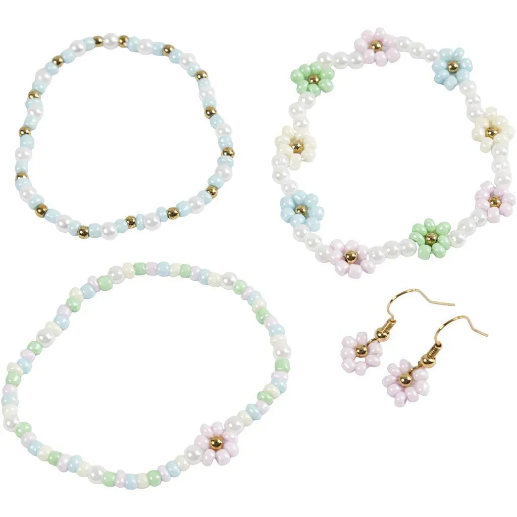 Kid's Elastic Bracelet Earring Mini Jewellery Craft Kit White Pastel - All Materials & Instructions Included