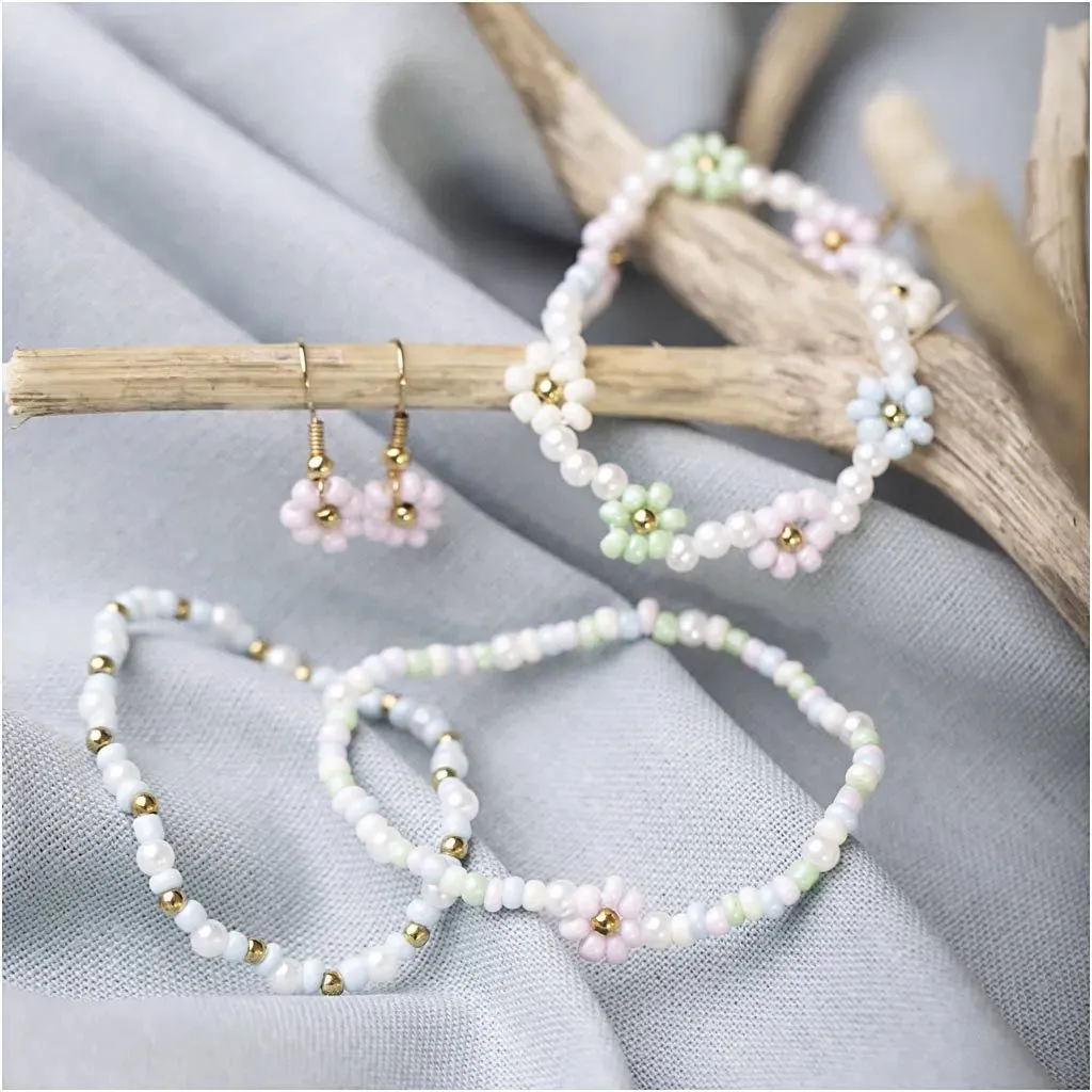Kid's Elastic Bracelet Earring Mini Jewellery Craft Kit White Pastel - All Materials & Instructions Included