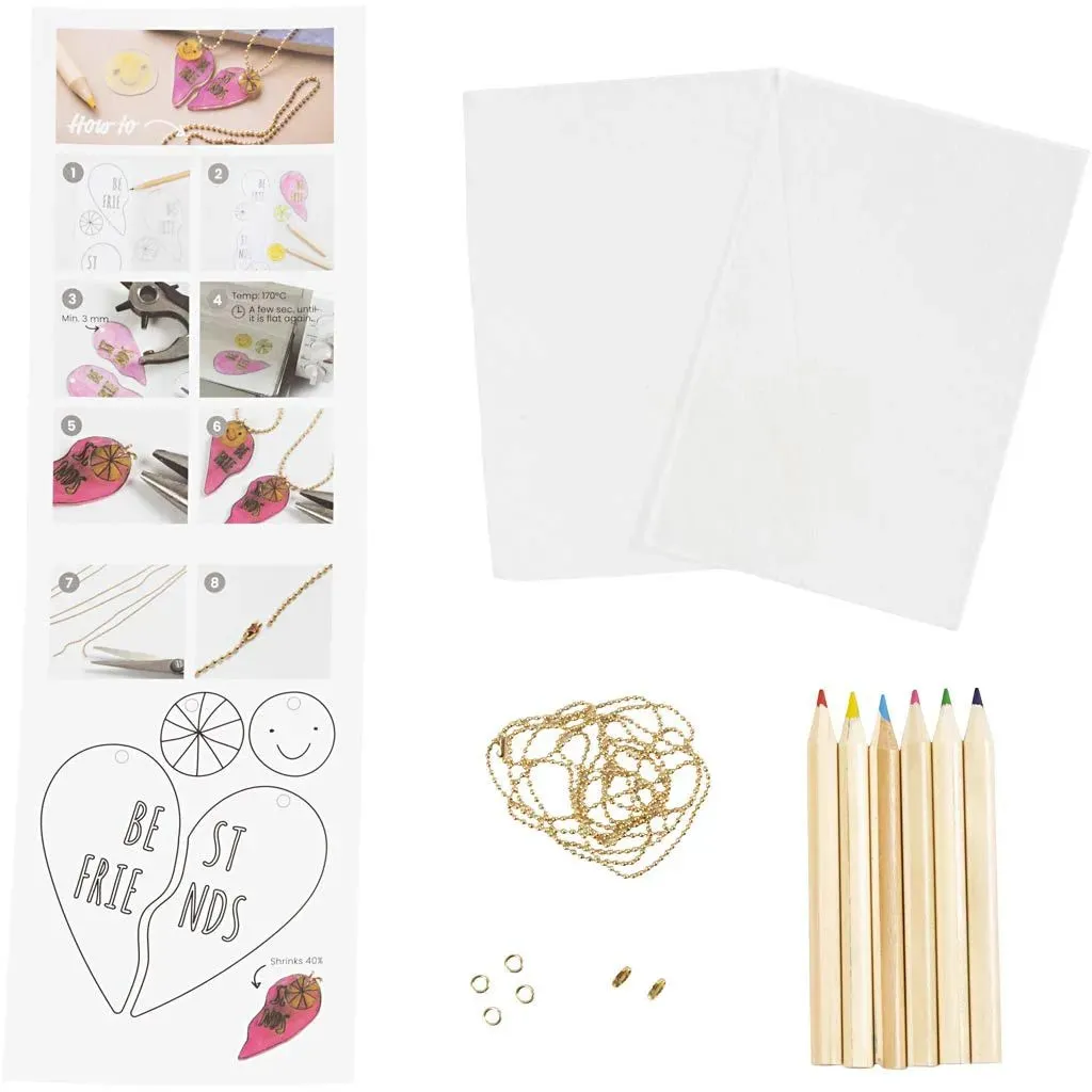 Kid's Shrink Plastic Friendship Necklaces Mini Craft Kit Jewellery - All Materials & Instructions Included