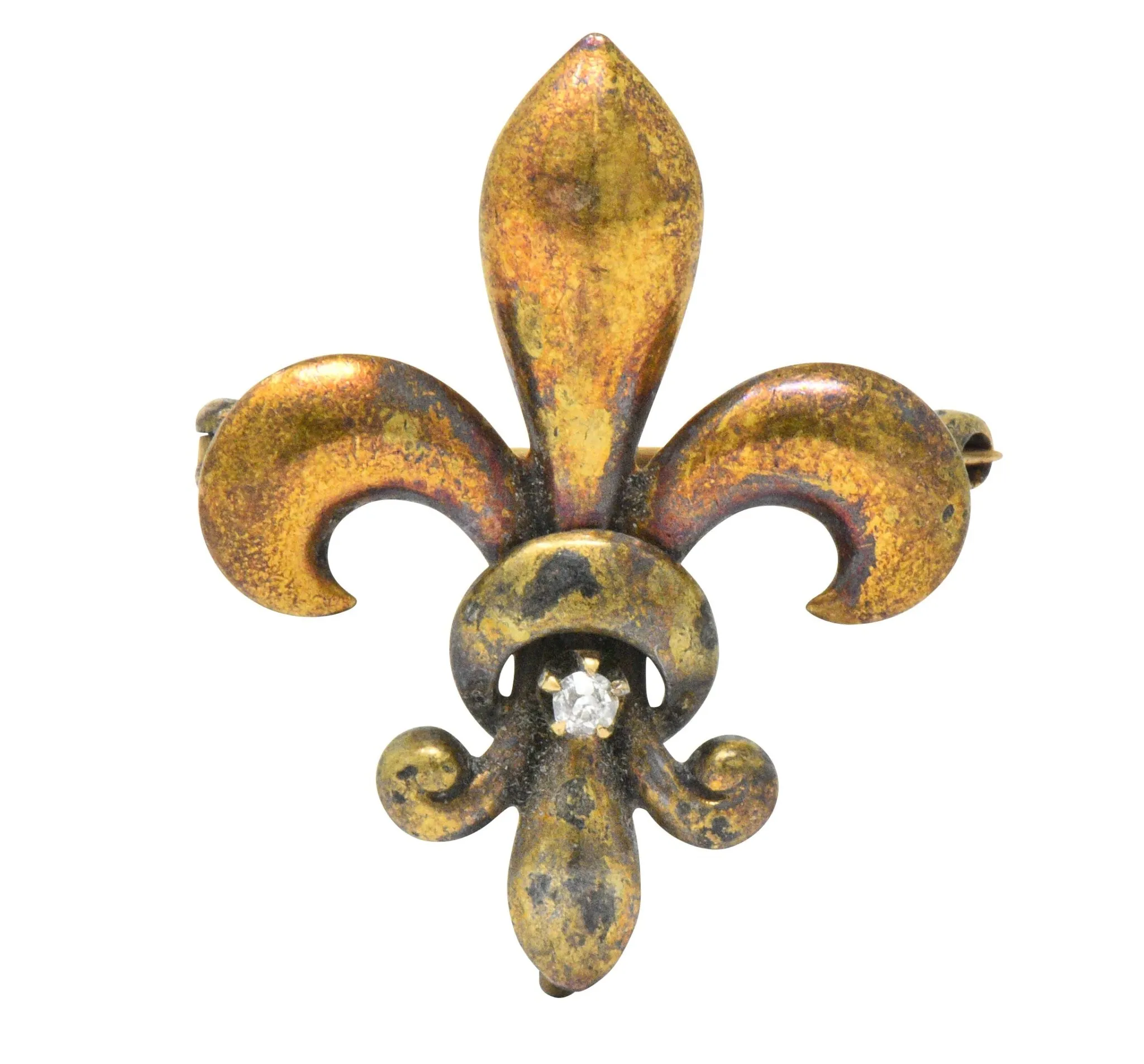 Krementz Victorian Diamond 14 Karat Gold Fleur-De-Lis Pin Brooch