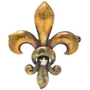 Krementz Victorian Diamond 14 Karat Gold Fleur-De-Lis Pin Brooch