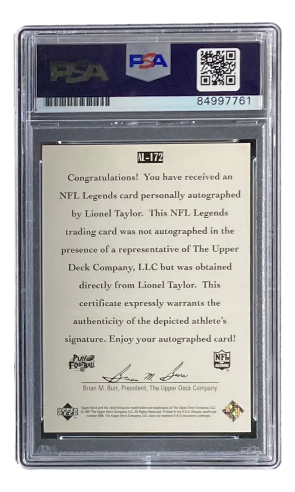 Lionel Taylor Signed Broncos 1997 Upper Deck #AL-172 Trading Card PSA/DNA
