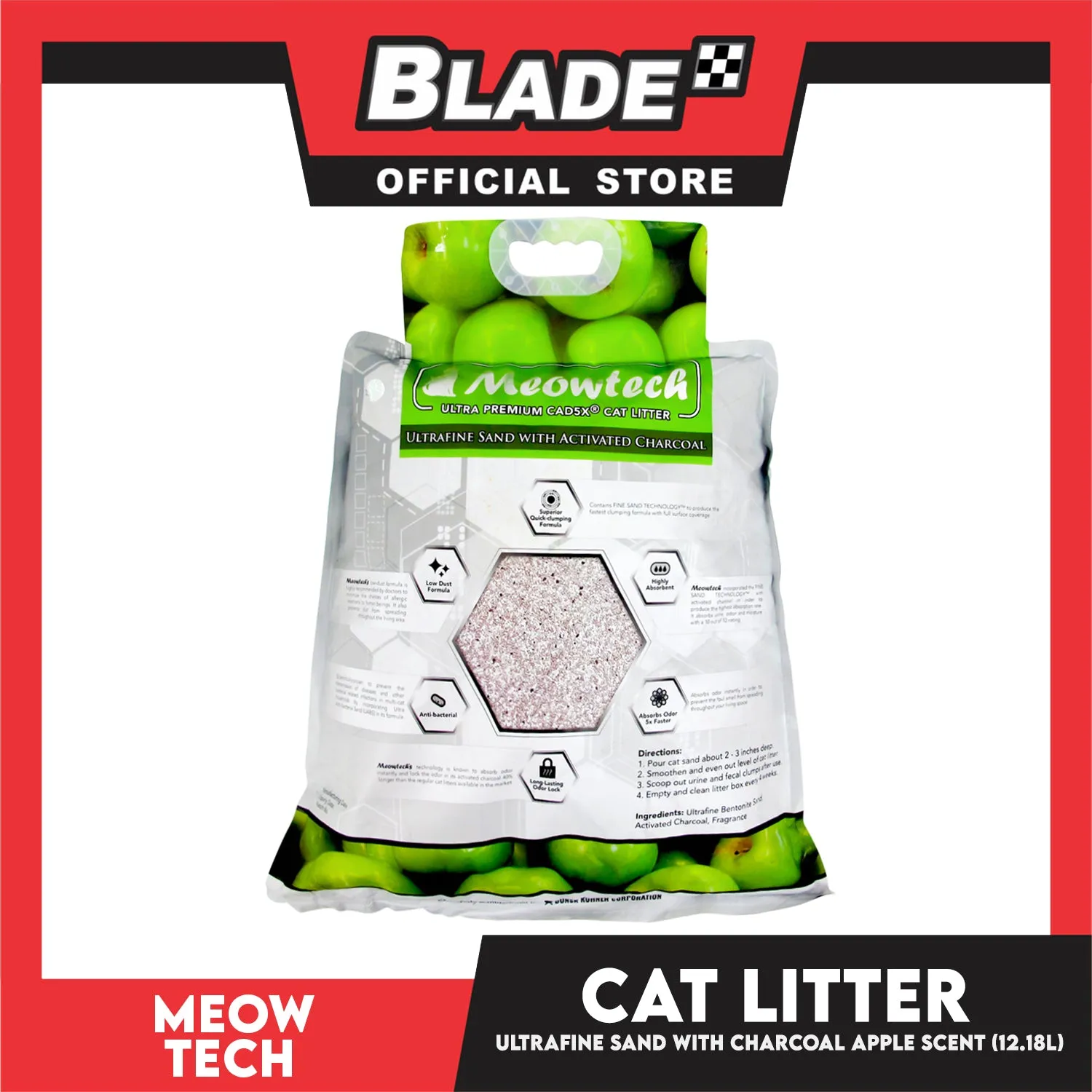 Meowtech Ultra Premium Cat Litter 12.18L (Green Apple Scent) Ultra-Fine Sand with Activated Charcoal