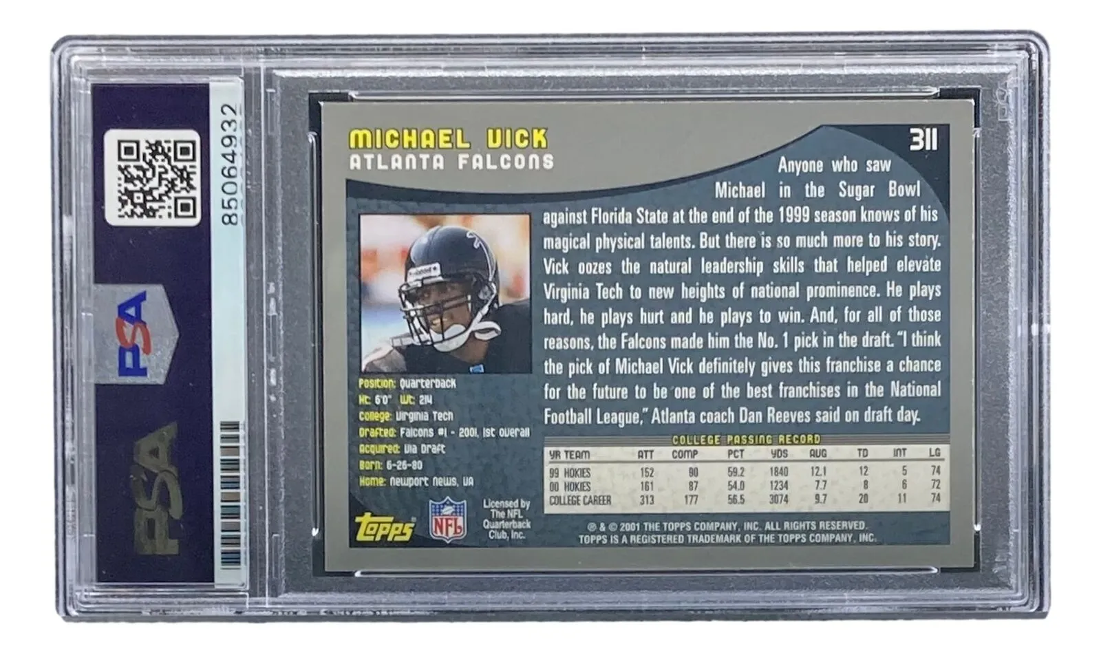 Michael Vick Signed 2001 Topps #311 Atlanta Falcons Rookie Card PSA/DNA