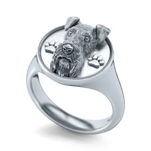 Miniature Schnauzer Paw Classic Round Signet Milgrain Ring