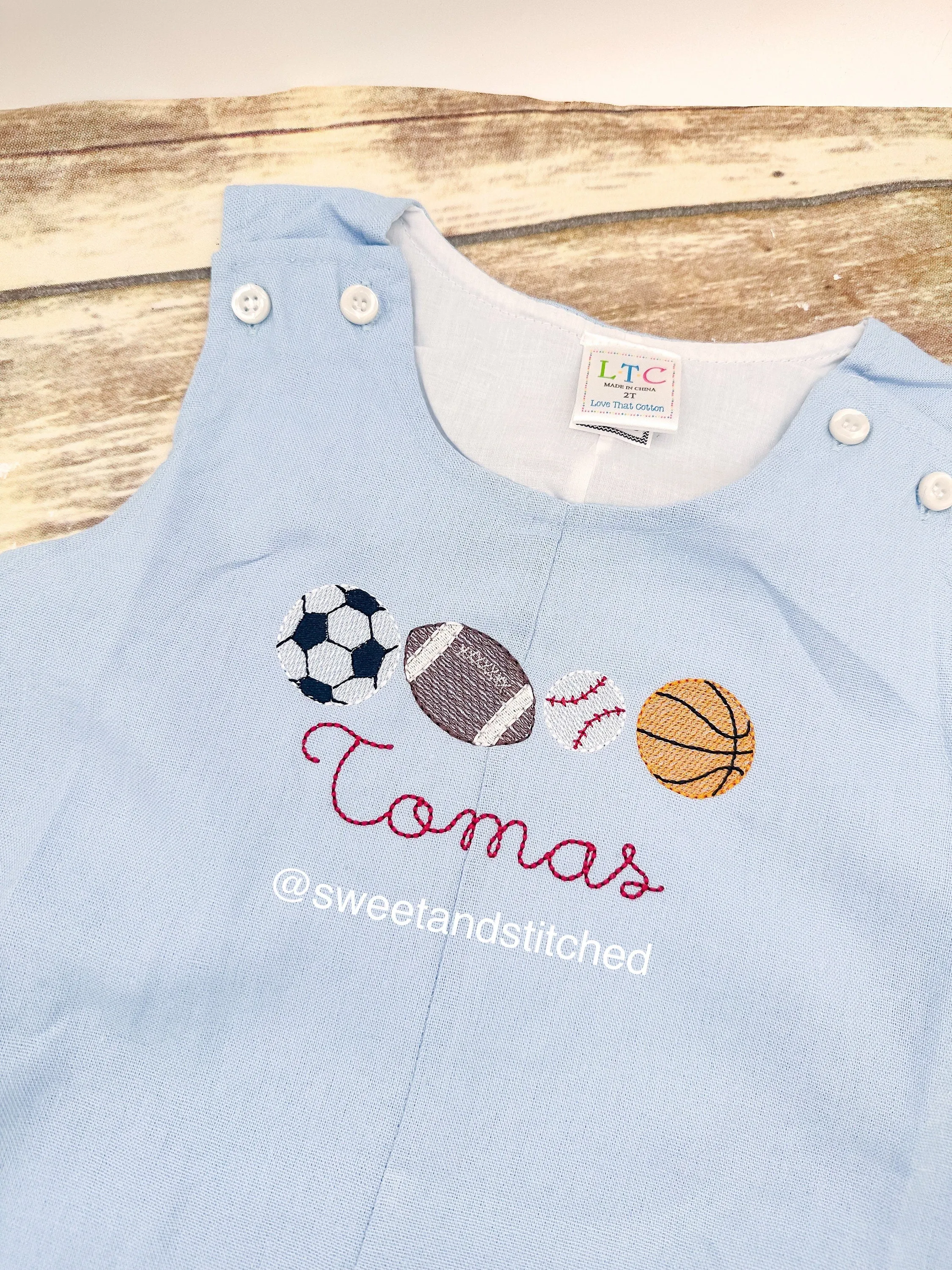 Monogrammed boys jon jon with sports design, baby boy birthday outfit with basketball baseball soccer ball football name, cake smash outfit