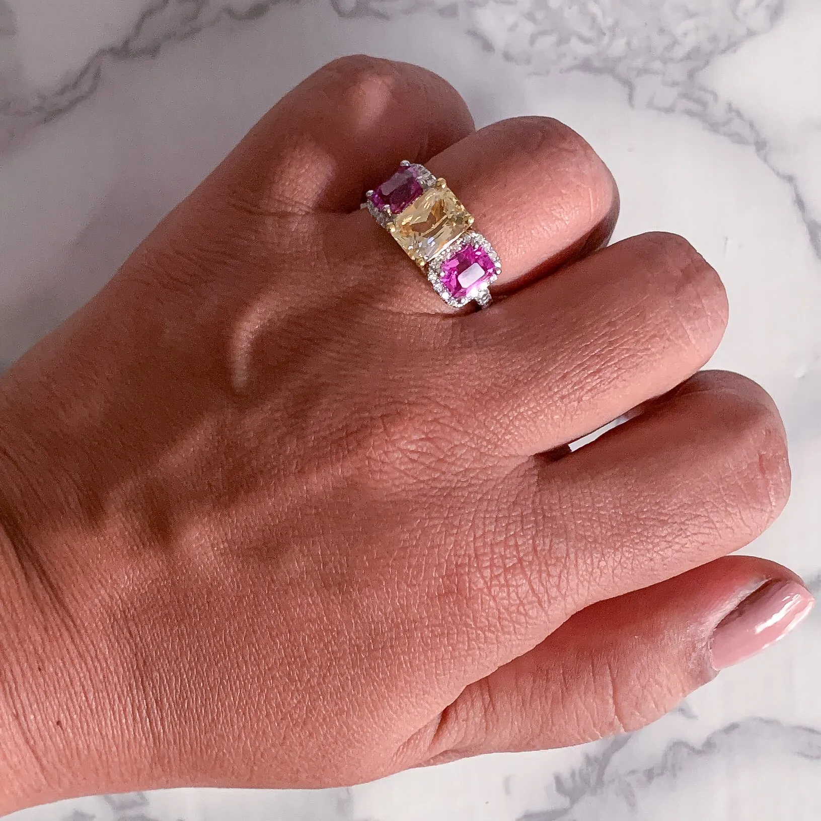 Multicolor Sapphire Ring with Diamond Accents in 18K White Gold
