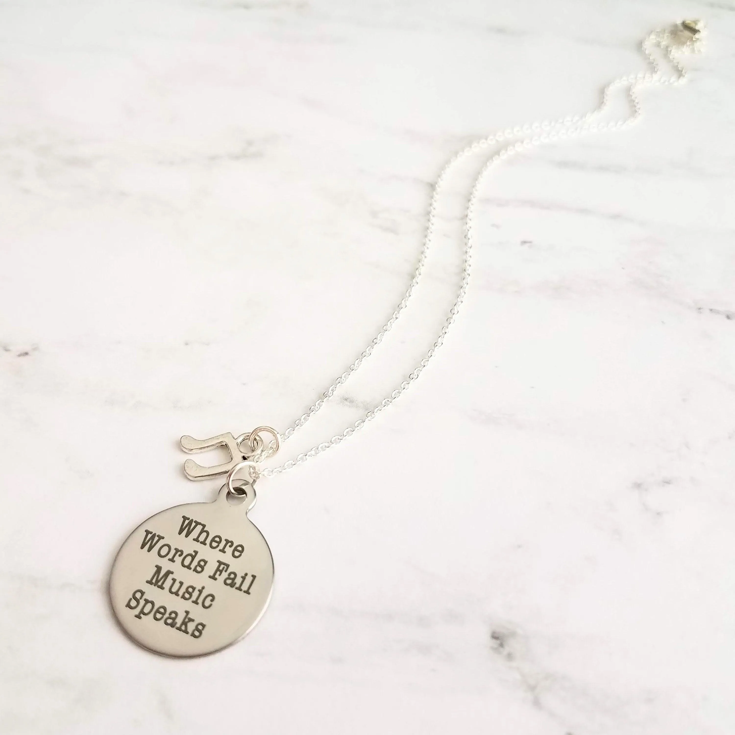 Music Necklace - where words fail music speaks - silver eighth note charm - musician teacher singer composer conductor music lover gift