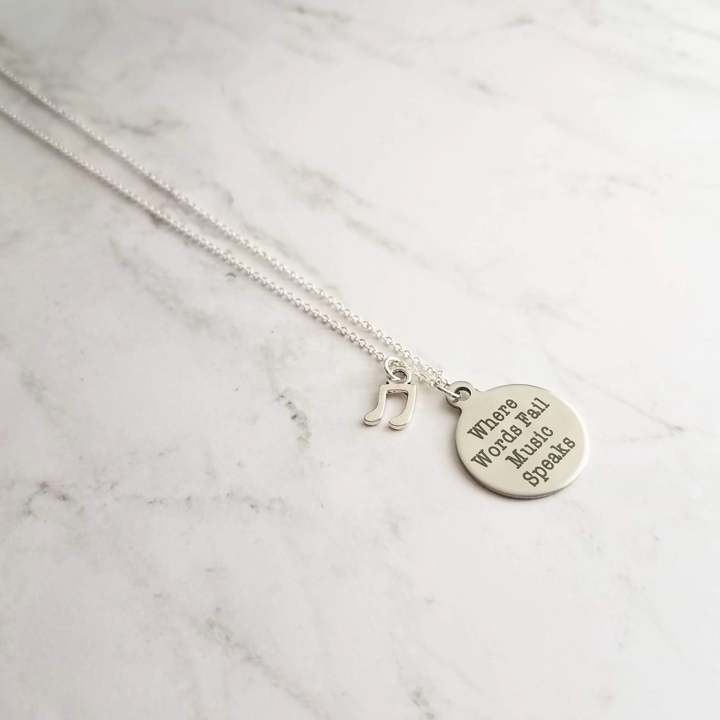 Music Necklace - where words fail music speaks - silver eighth note charm - musician teacher singer composer conductor music lover gift