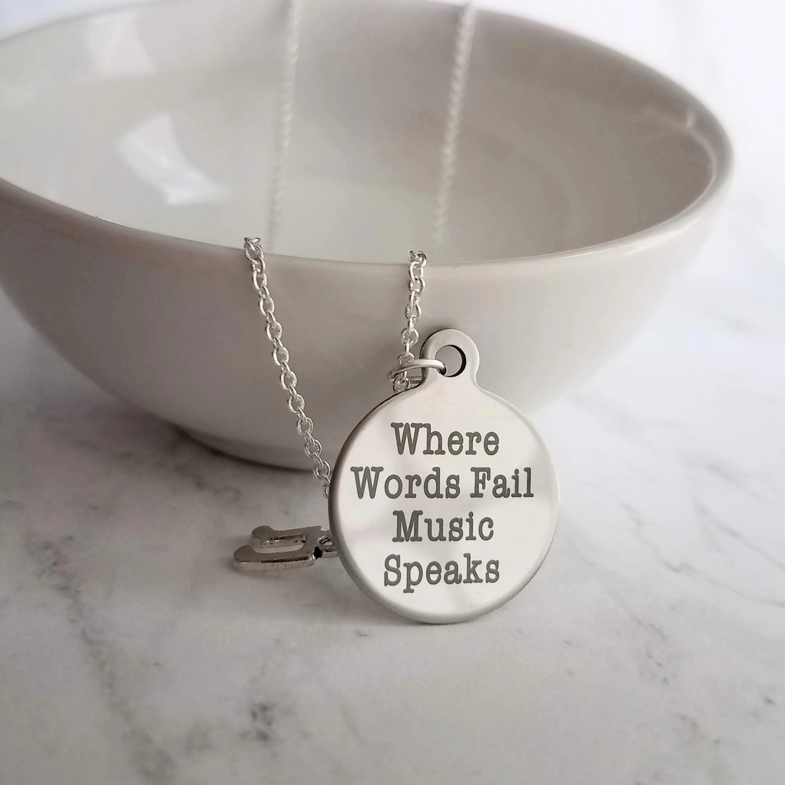 Music Necklace - where words fail music speaks - silver eighth note charm - musician teacher singer composer conductor music lover gift