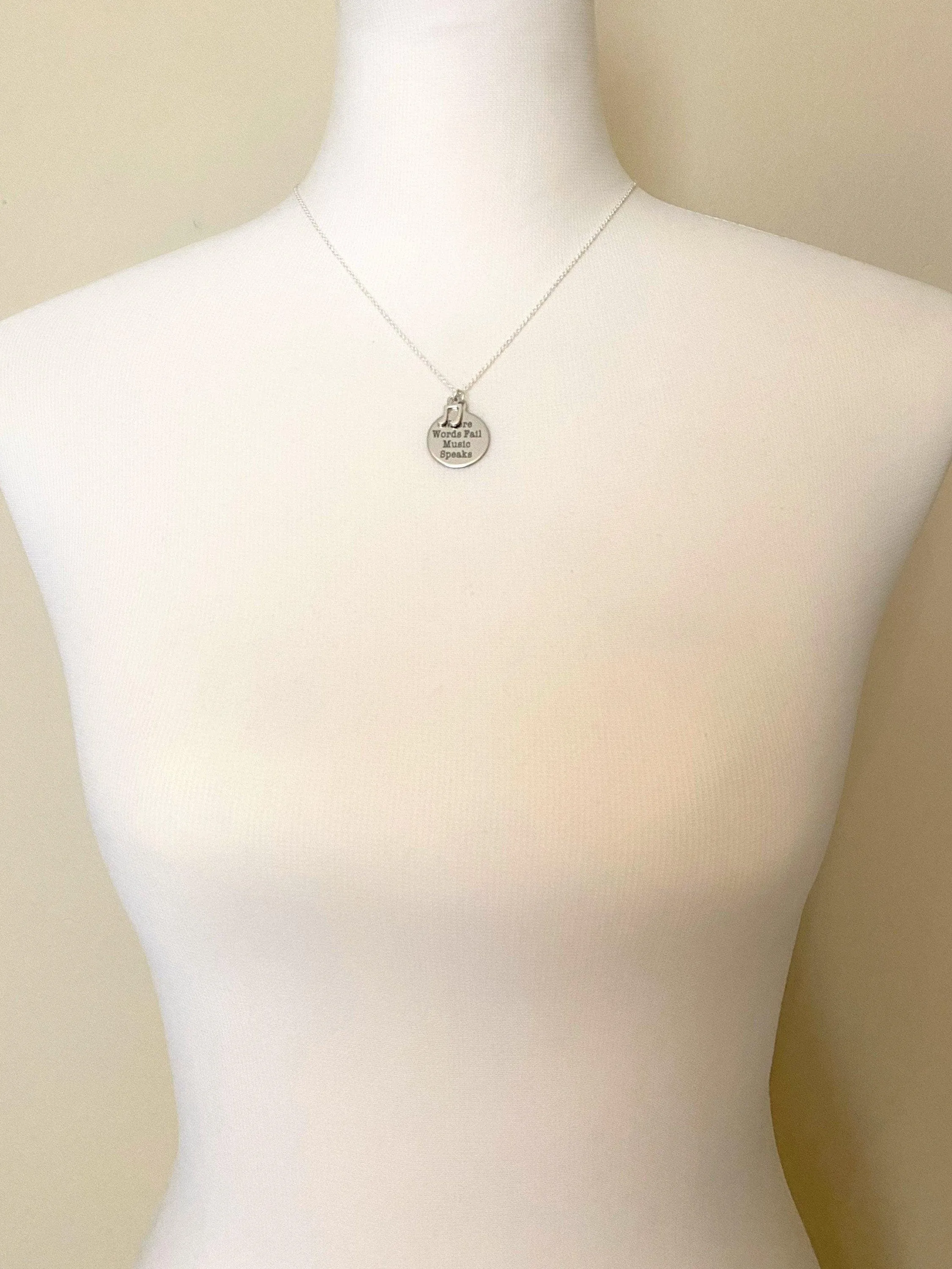 Music Necklace - where words fail music speaks - silver eighth note charm - musician teacher singer composer conductor music lover gift