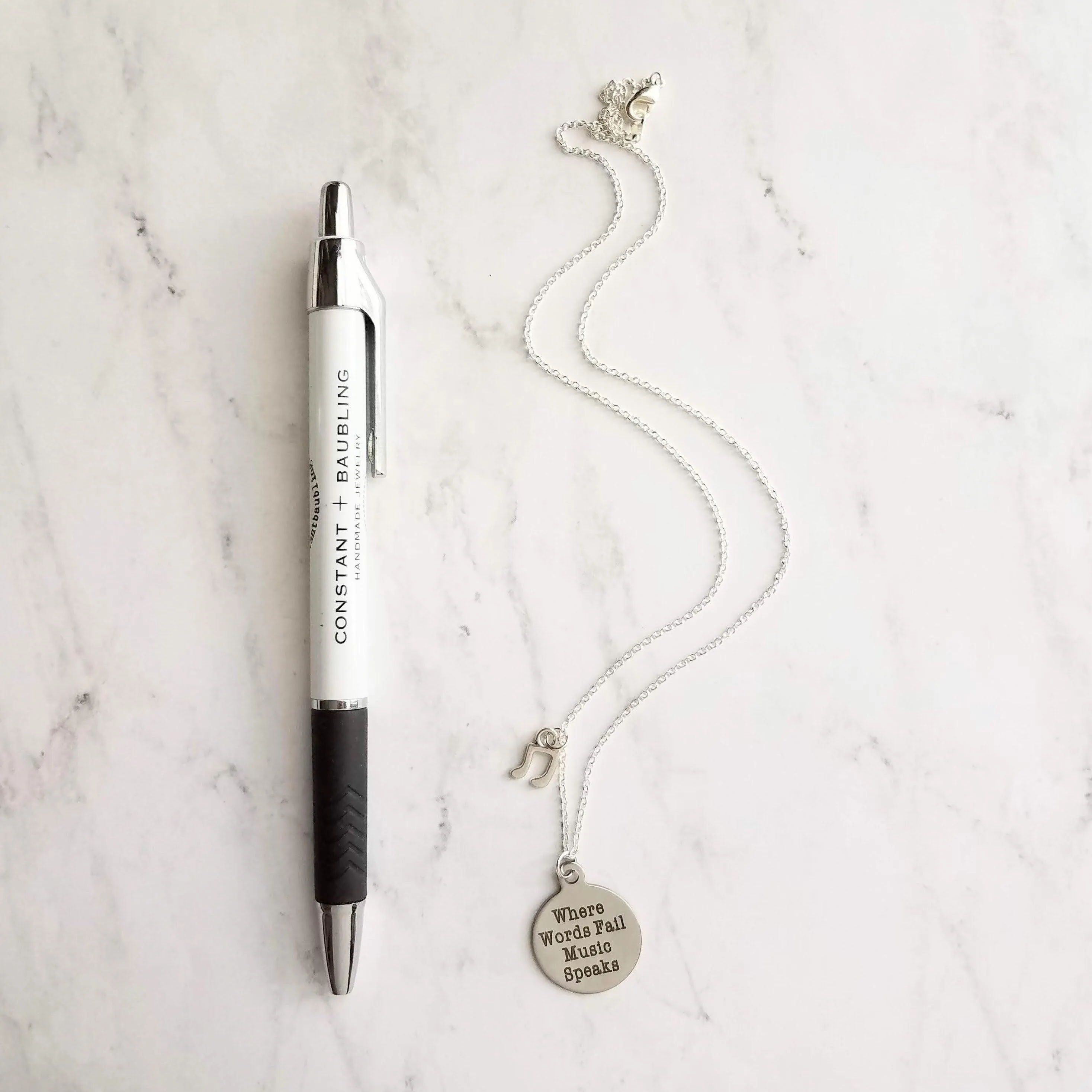 Music Necklace - where words fail music speaks - silver eighth note charm - musician teacher singer composer conductor music lover gift