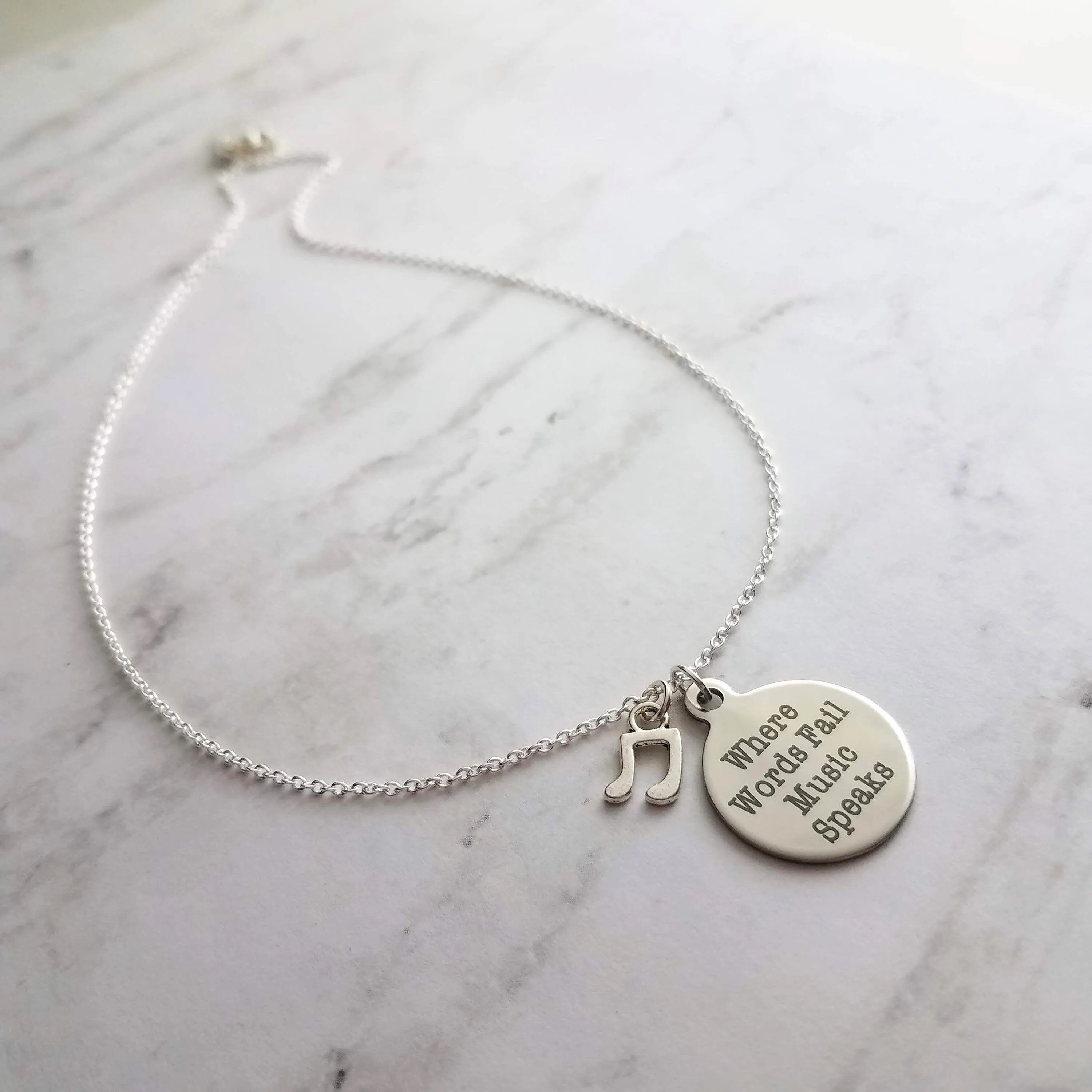 Music Necklace - where words fail music speaks - silver eighth note charm - musician teacher singer composer conductor music lover gift