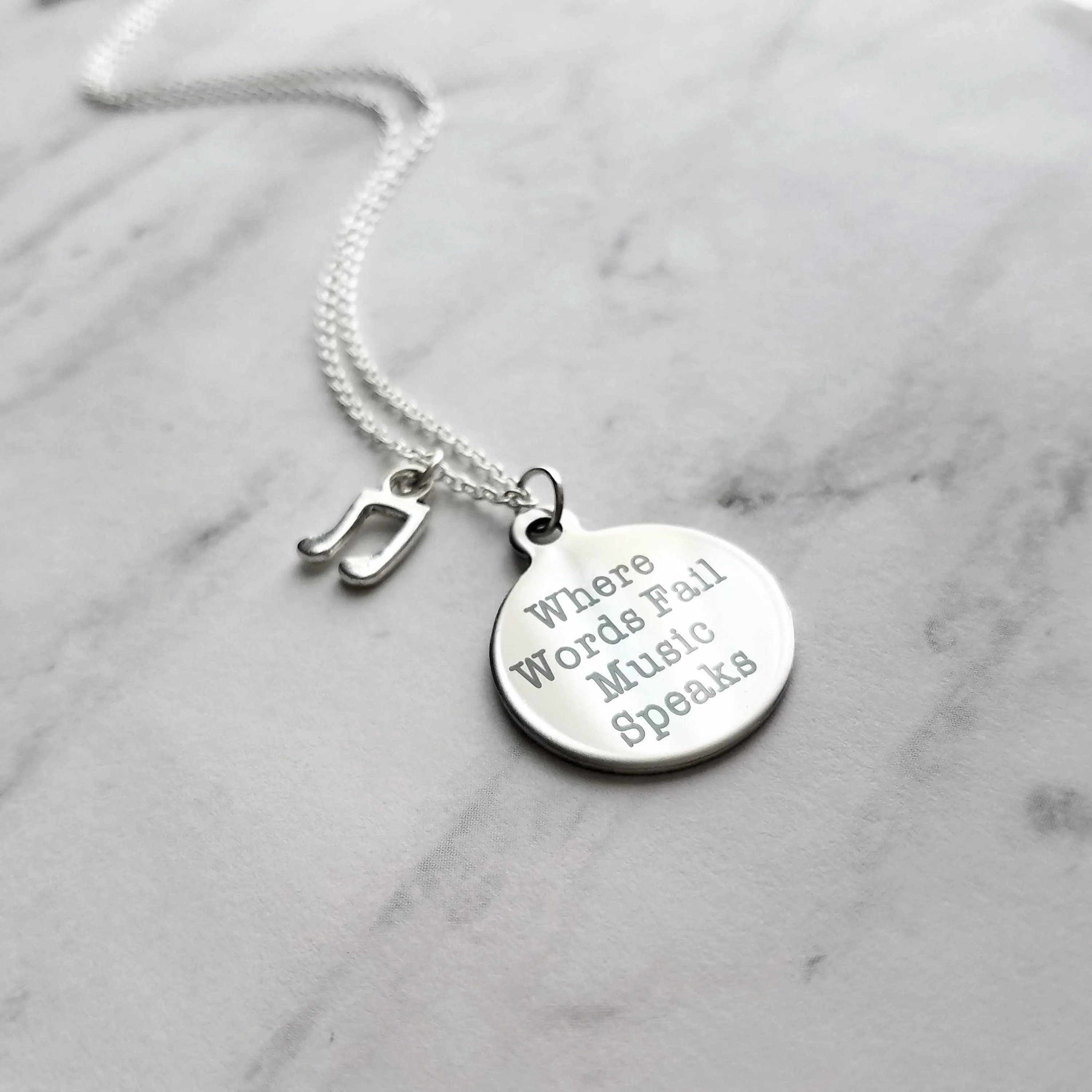 Music Necklace - where words fail music speaks - silver eighth note charm - musician teacher singer composer conductor music lover gift