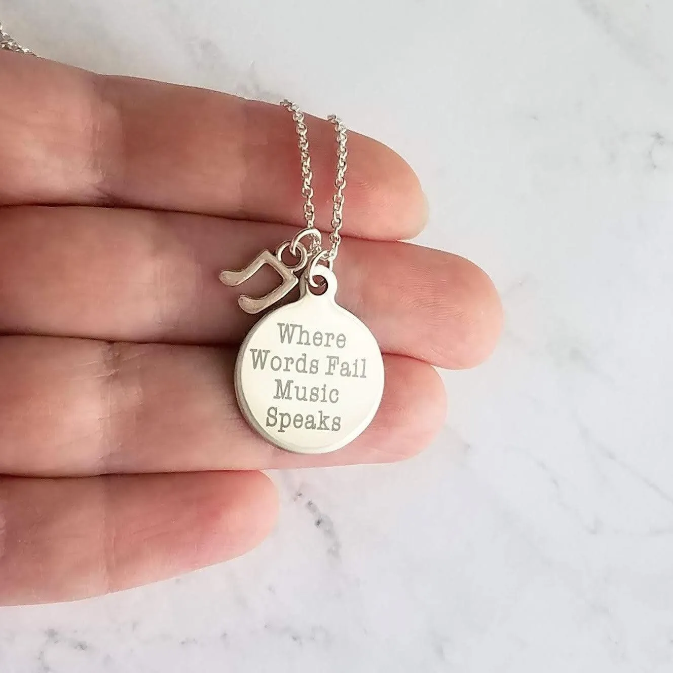 Music Necklace - where words fail music speaks - silver eighth note charm - musician teacher singer composer conductor music lover gift